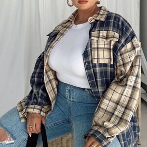 PRINCESS POLLY | Oversized Plaid Tan Navy Blue Button Up Shirt Jacket Shacket, 4